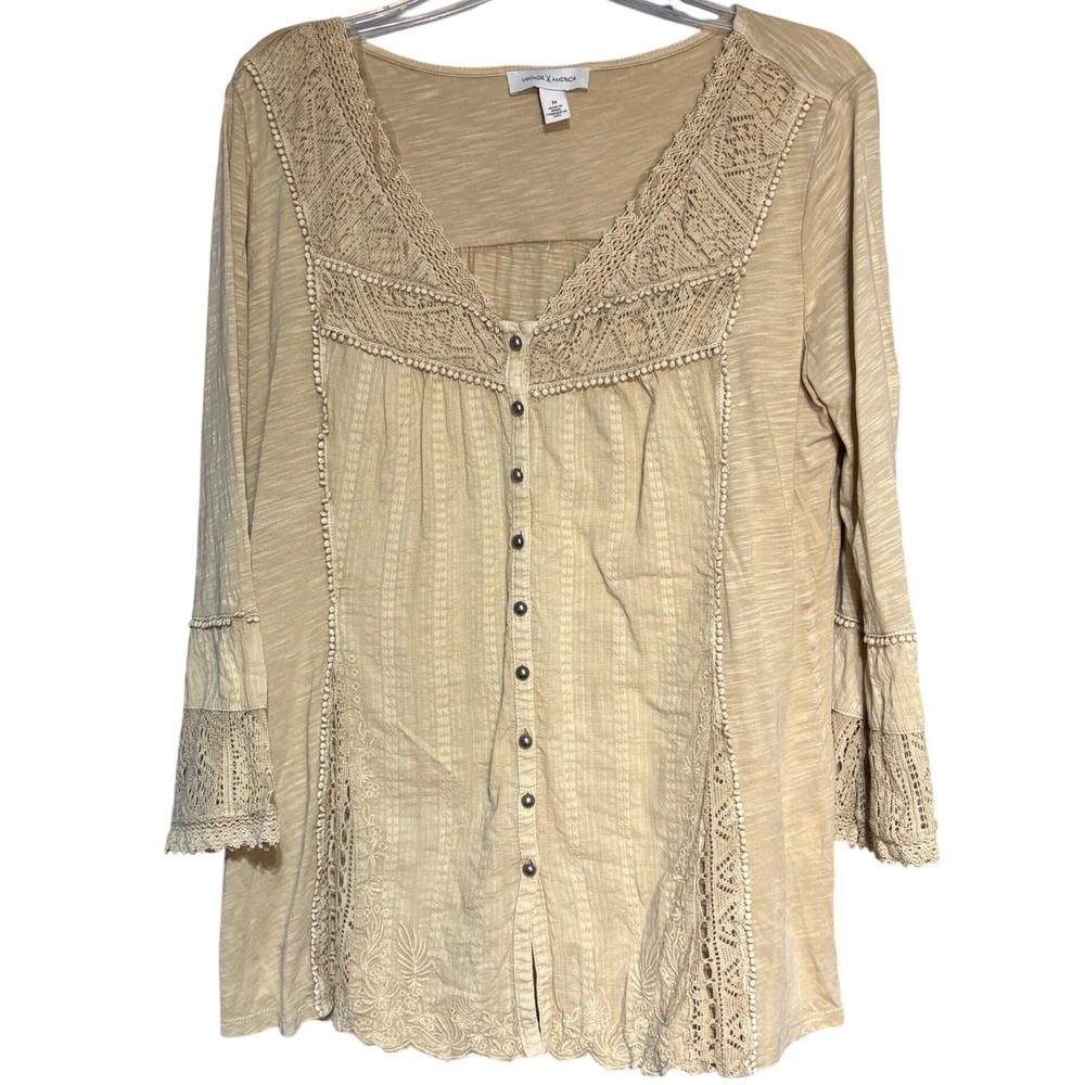 Vintage America Tan Boho Crochet Lace Button Front Tunic Blouse Womens Medium